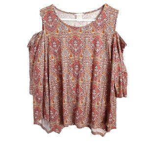 Tru Self Blouse Sz 1X Cold Shoulder 1/2 Sleeves Round Neck Asymmetrical Bottom